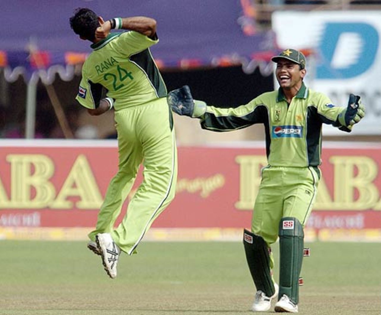 Naved-ul-Hasan Rana celebrates the wicket of the out-of-form Sourav Ganguly who was bowled over for a duck, India v Pakistan, 1st ODI, Kochi, April 2, 2005