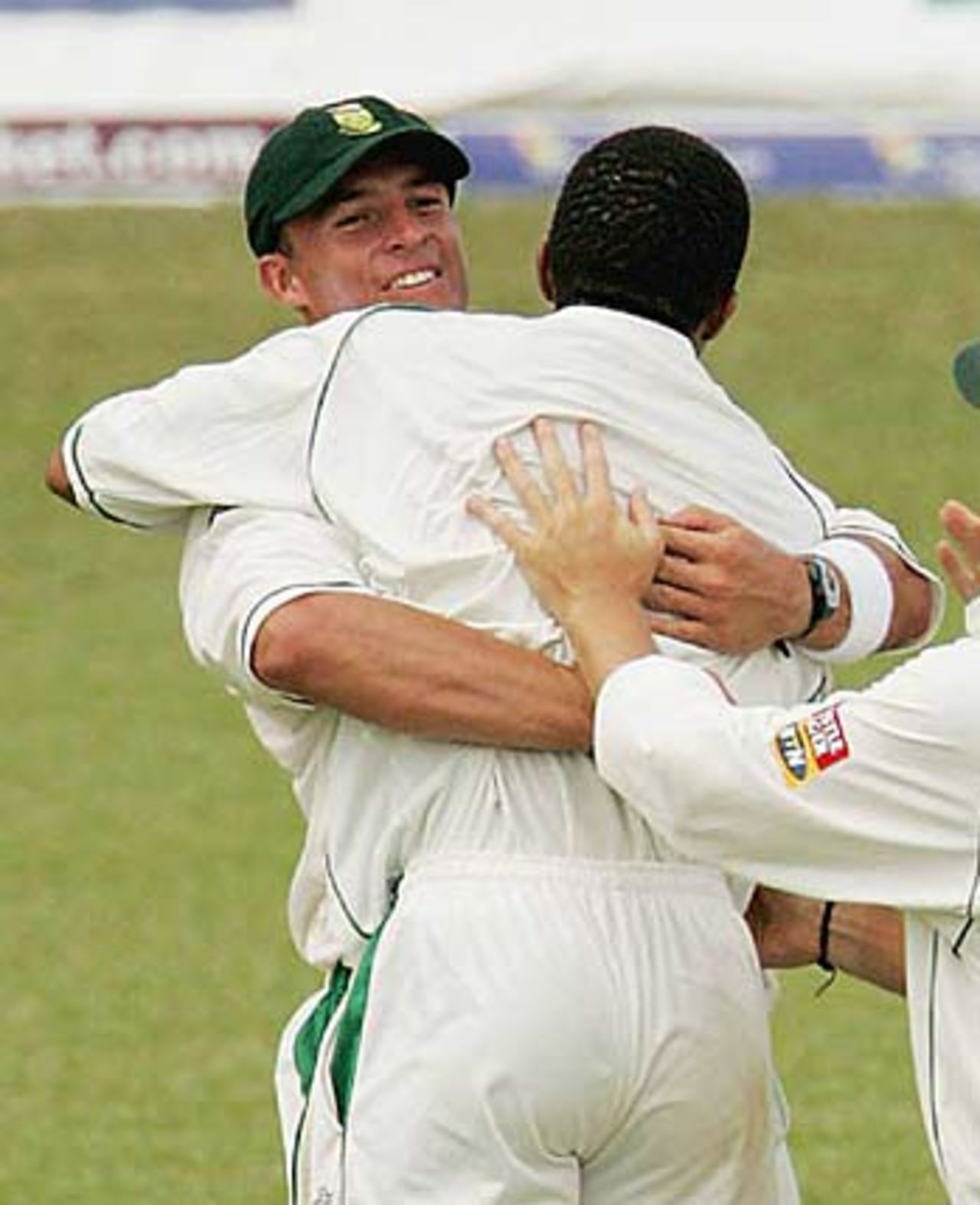 Andre Nel and Makhaya Ntini celebrate Ntini's early double strike, West Indies v South Africa, Trinidad, 2nd Test, April 8, 2005