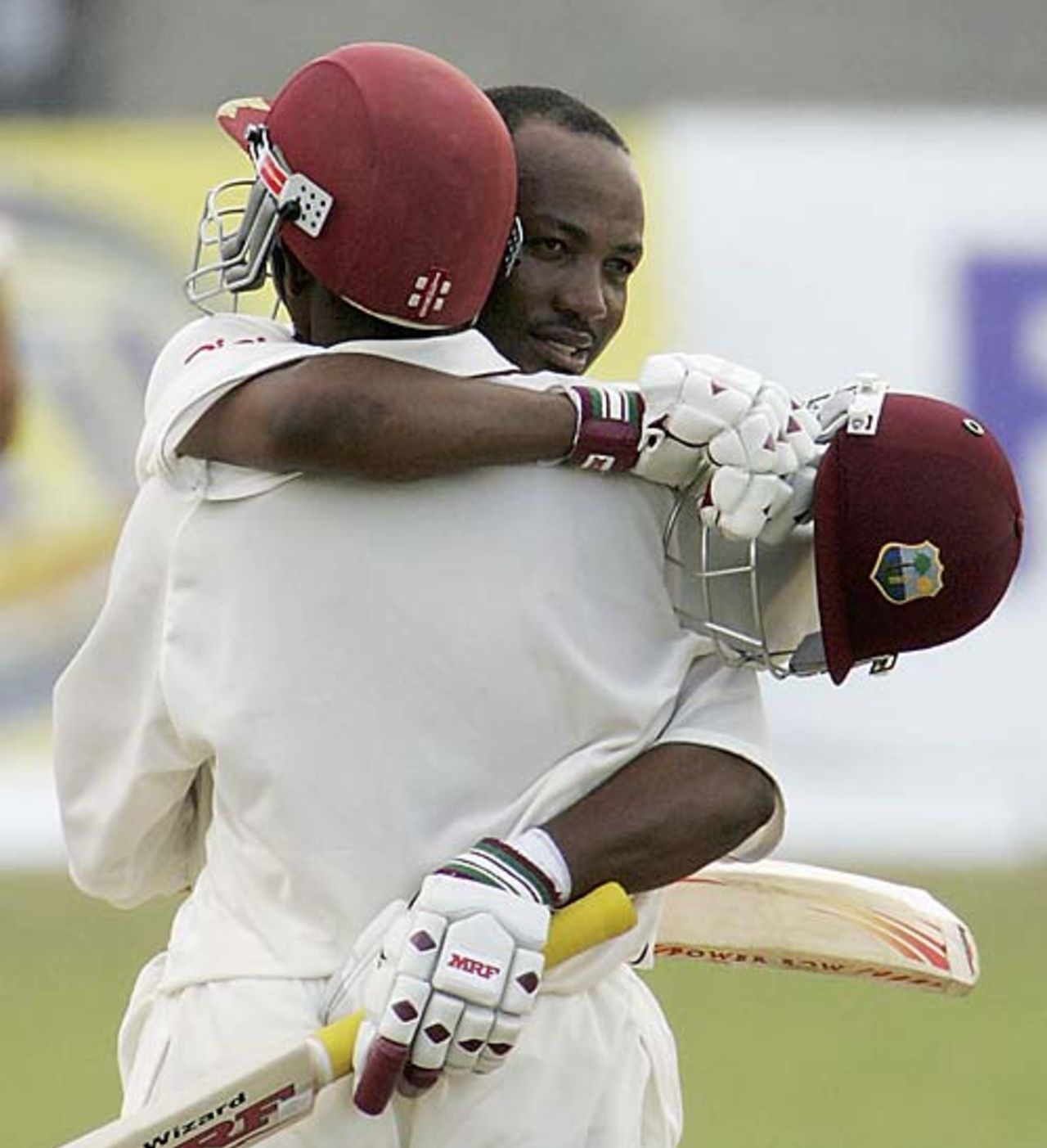 A hug for Brian Lara as he celebrates his comeback hundred, West Indies v South Africa, Trinidad, 2nd Test, April 8, 2005