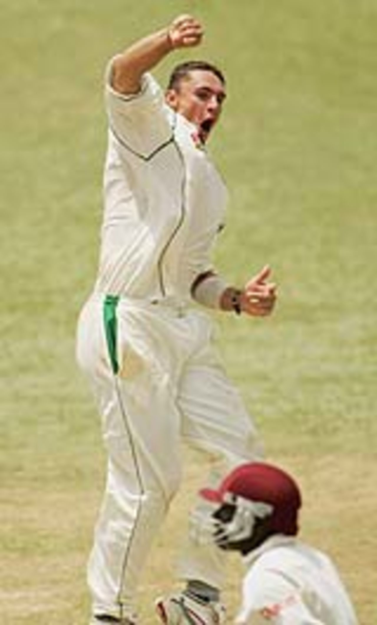 Andre Nel jumps with joy after nailing Pedro Collins, West Indies v South Africa, 2nd Test, April 9, 2005