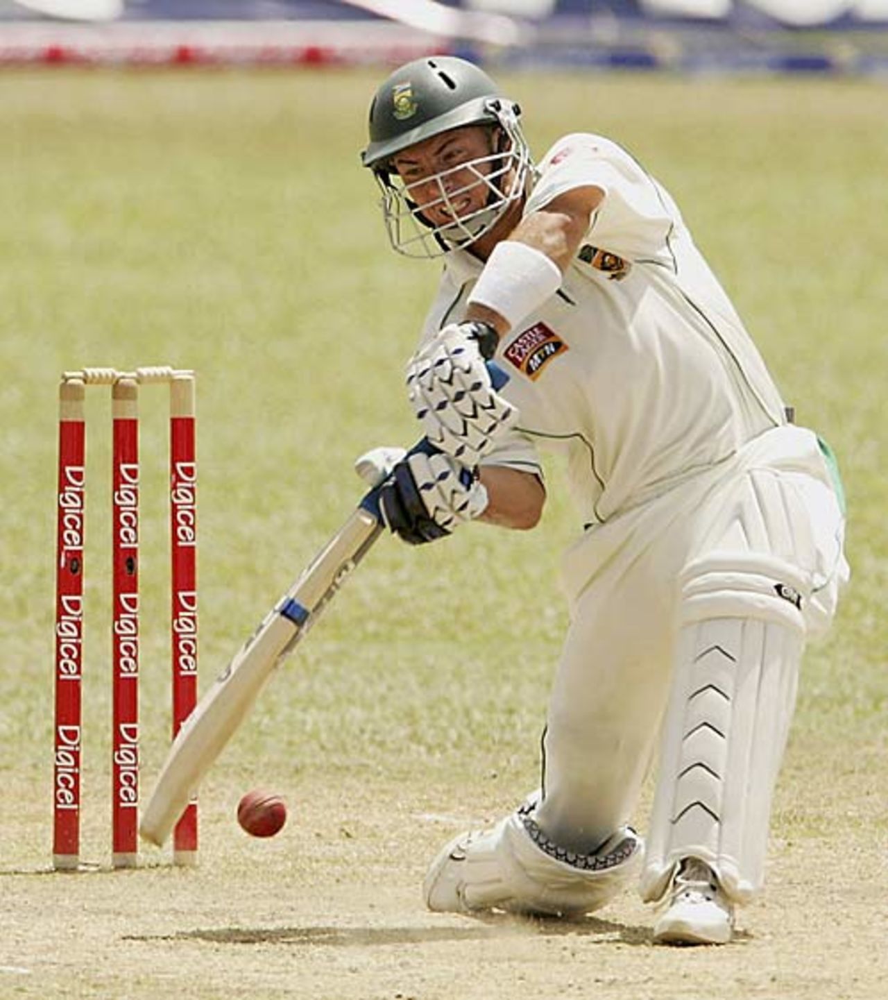 A rare attacking shot from Herschelle Gibbs on his way to a 115-ball 34, West Indies v South Africa, 2nd Test, April 10, 2005