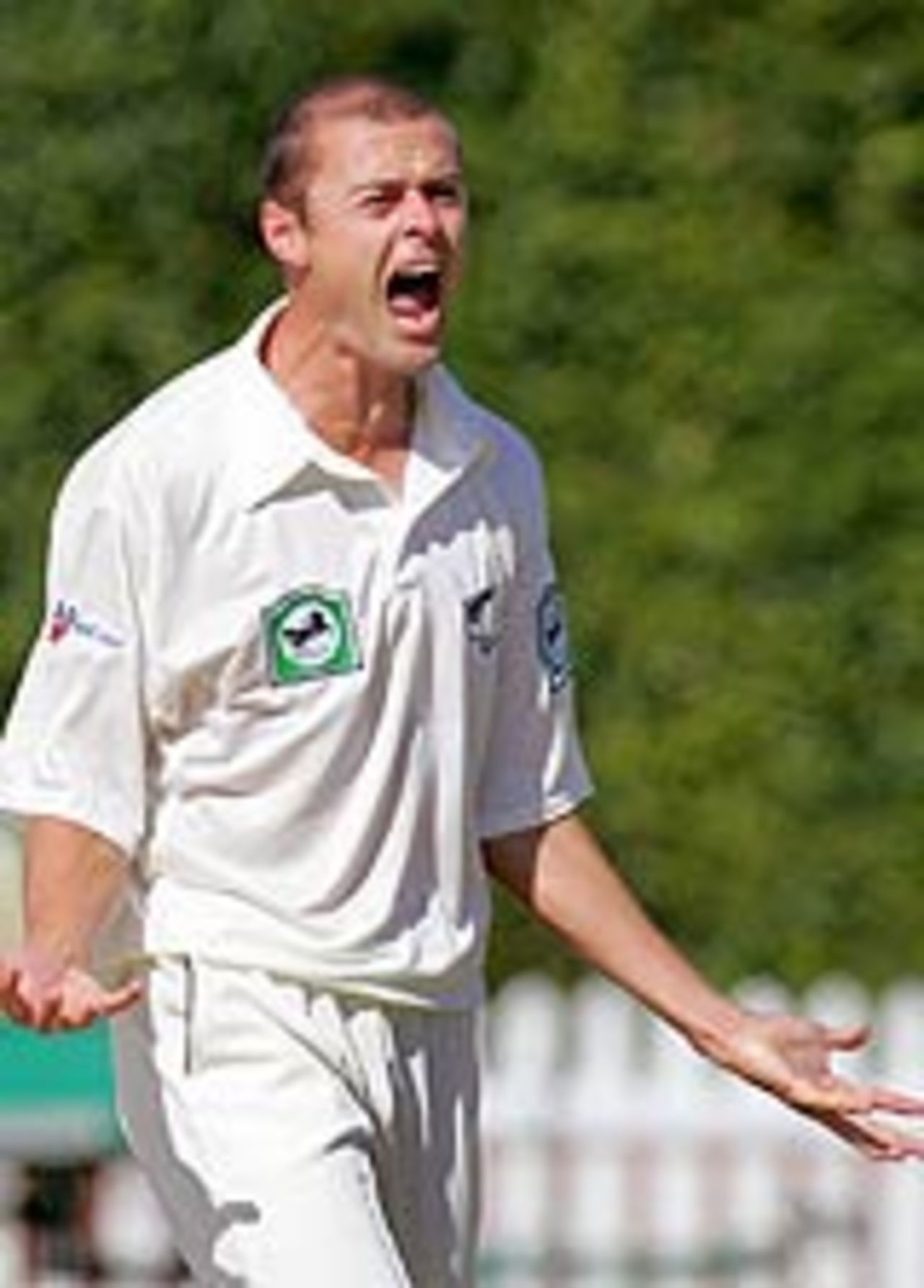 Chris Martin is ecstatic aftr nailing Mahela Jayawardene, New Zealand v Sri Lanka, 2nd Test, Wellington, 1st day, April 11, 2005