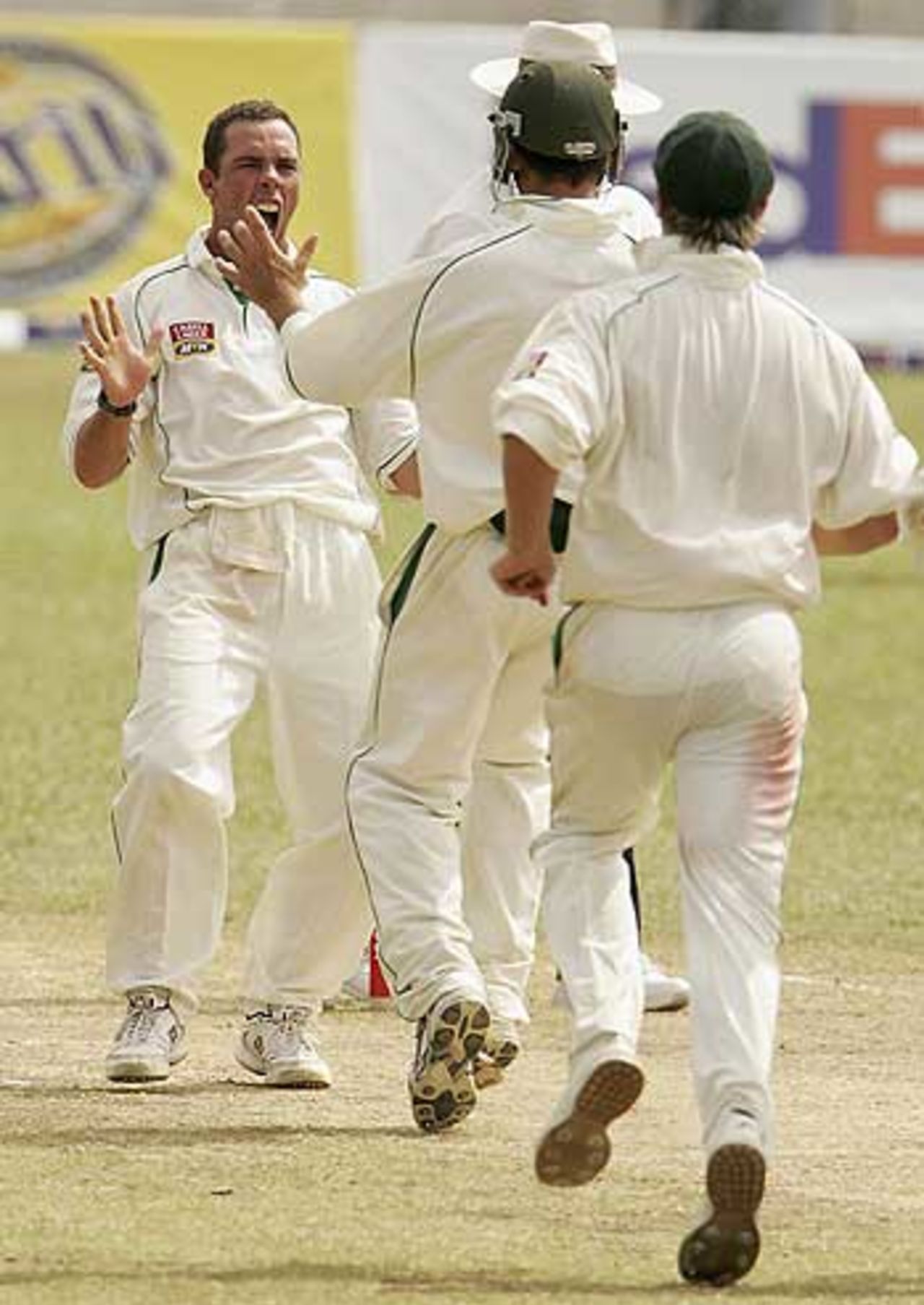 Nicky Boje celebrates the big wicket of Brian Lara, as West Indies stumble against South Africa at Trinidad, April 11, 2005