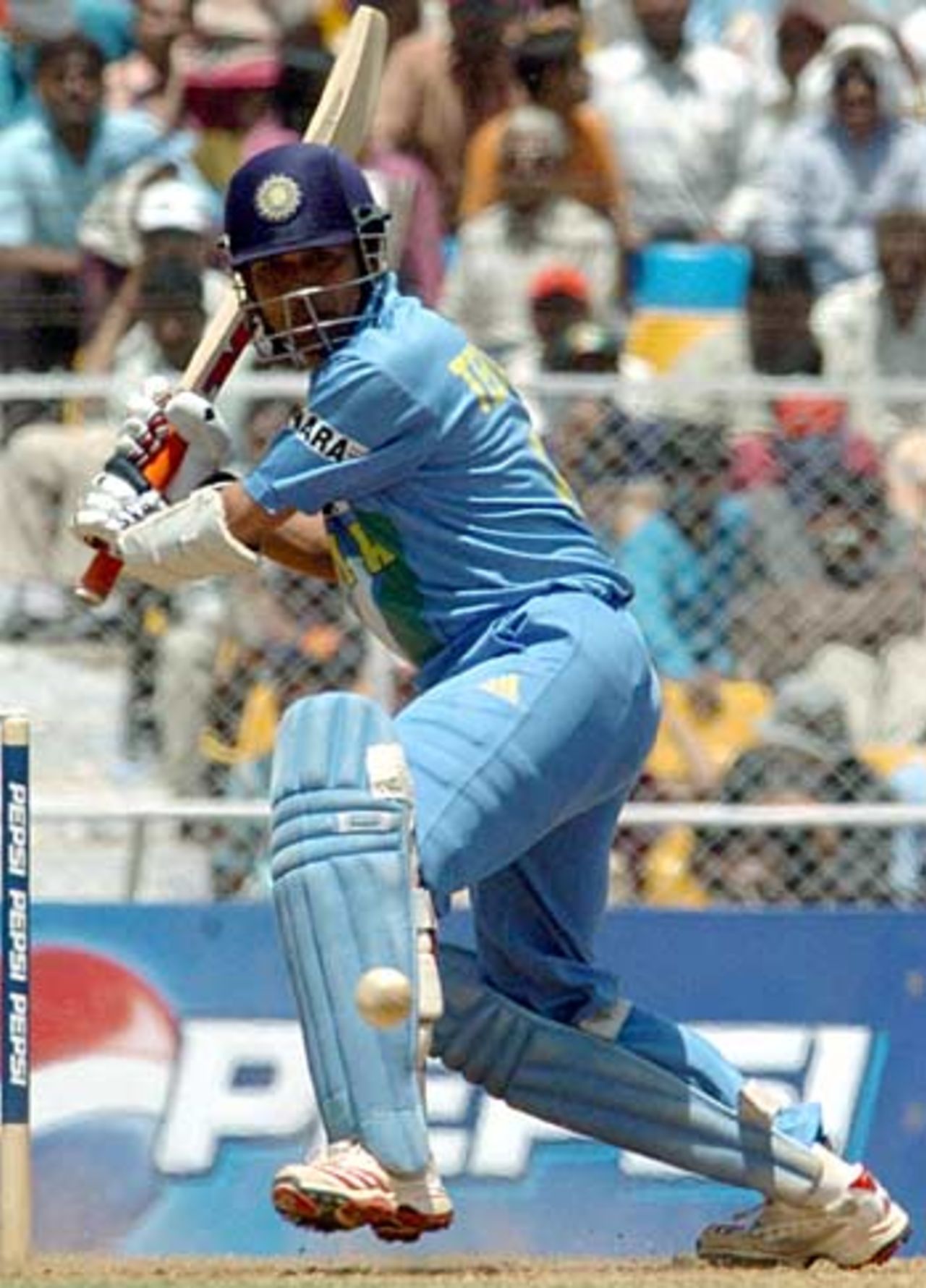 Sachin Tendulkar leaps out to attack, India v Pakistan, 4th ODI, Ahmedabad, April 12, 2005