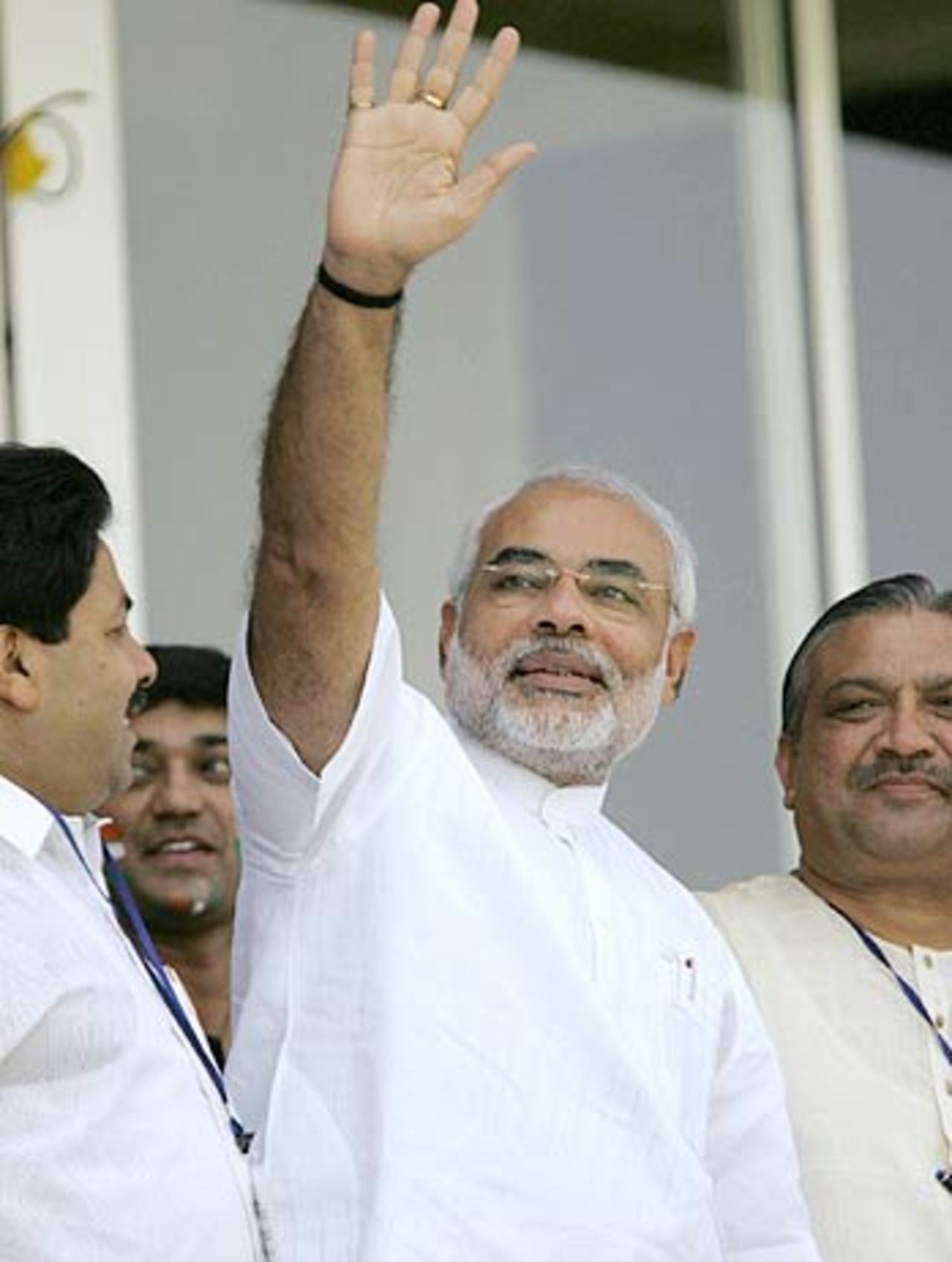 Narendra Modi, the Gujarat chief minister, waves at the crowd, India v Pakistan, 4th ODI, Ahmedabad, April 12, 2005