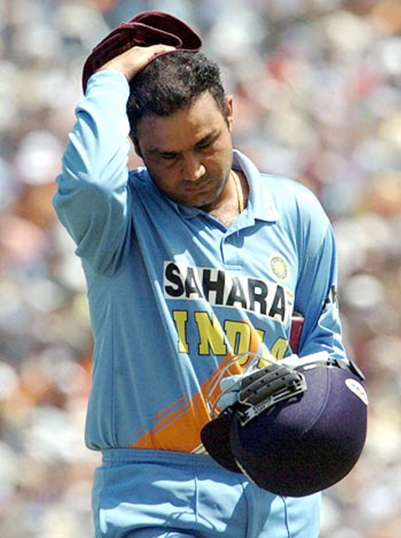 Virender Sehwag was undone by a direct hit by Younis Khan early in the day, India v Pakistan, 4th ODI, Ahmedabad, April 12, 2005