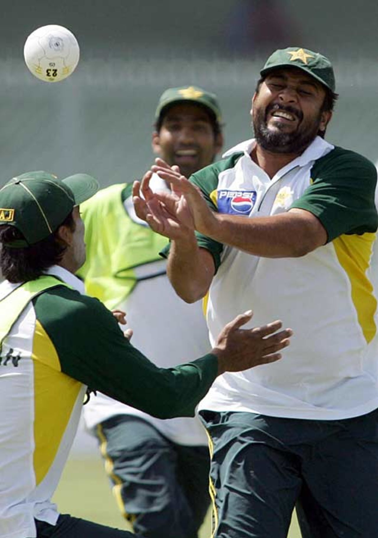 Inzamam-ul-Haq plays ball during a practice session at Kanpur, April 14, 2005