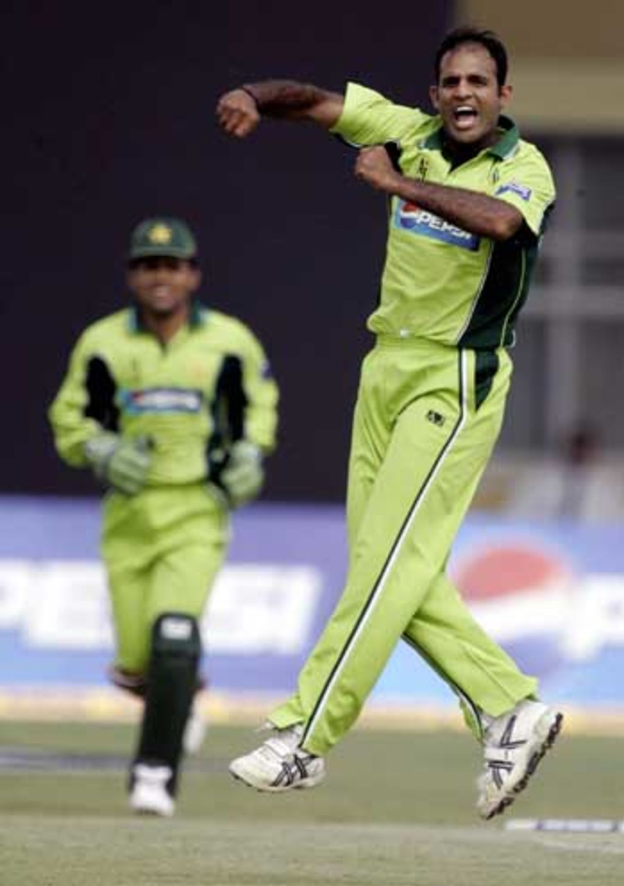 Naved-ul-Hasan celebrates, India v Pakistan, 5th ODI, Kanpur, April 15, 2005