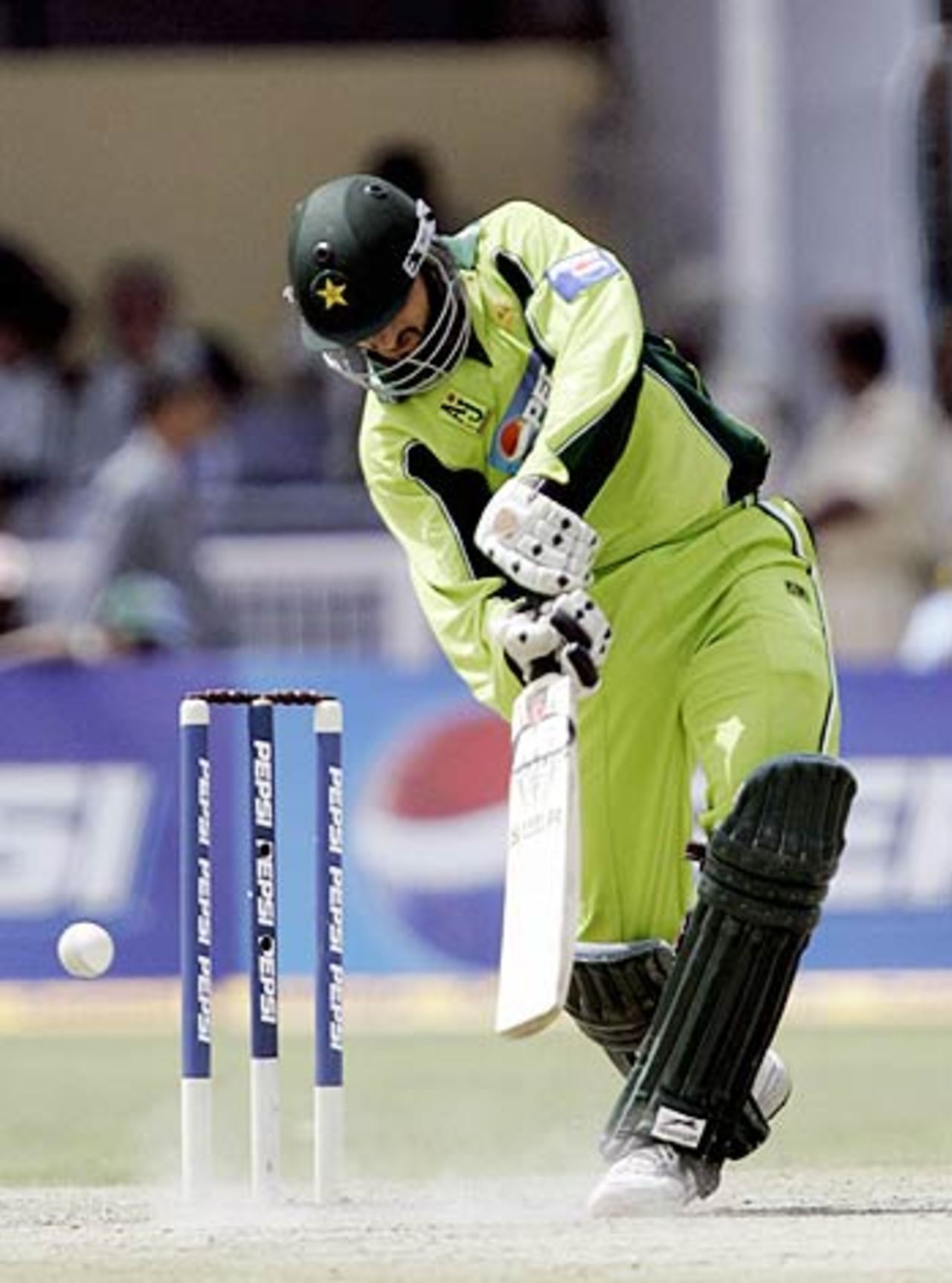 Shahid Afridi hits a ball to the boundary, India v Pakistan, 5th ODI, Kanpur, April 15, 2005