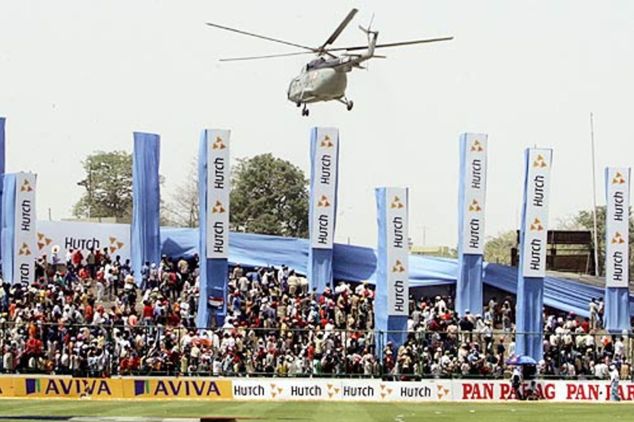 A security helicopter hovered above the ground throughout the day, India v Pakistan, 6th ODI, Delhi, April 17, 2005