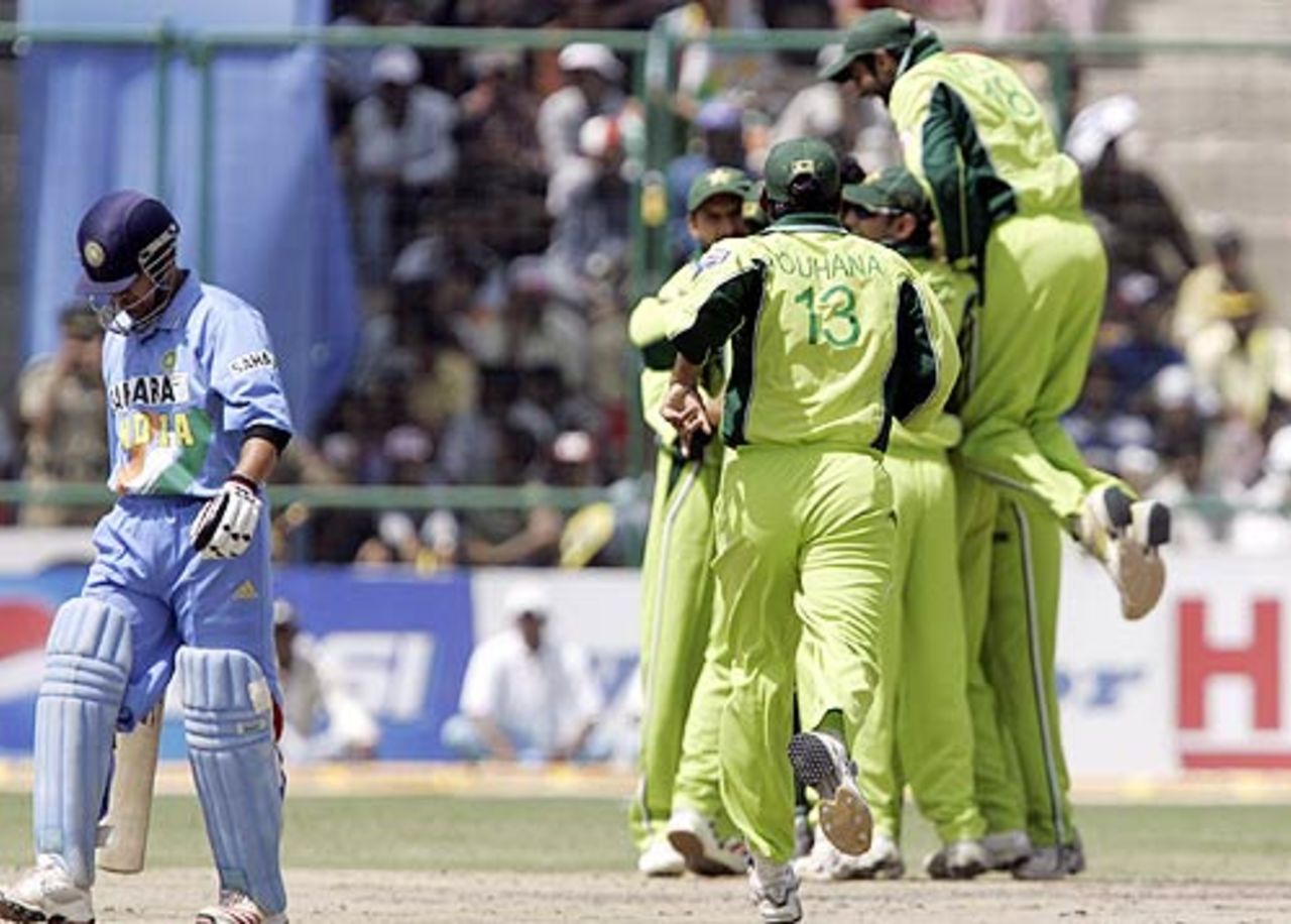 Sachin Tendulkar was deceived by an Iftikhar Anjum incutter as India began disastrously, India v Pakistan, 6th ODI, Delhi, April 17, 2005