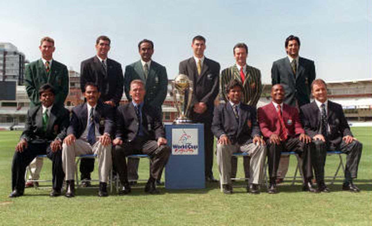 The captains of the cricket teams taking part in the 1999 Cricket World Cup (Left to right back row) Zimbabwe's Alistair Campbell, South Africa's Hansie Cronje,  Kenya's Aasif Karim, New Zealand's Stephen Fleming, Australia's Stephen Waugh,  Pakistan's Wasim Akram, (front, Bangladesh Aminul Islam, India's Mohammad Azharuddin,  England's Alec Stewart, Sri Lanka's Arjuna Ranatunga,  West India's Brian Lara, and Scotland's George Salmond,  during a photocall at London's Lords cricket ground, 4 May 1999
