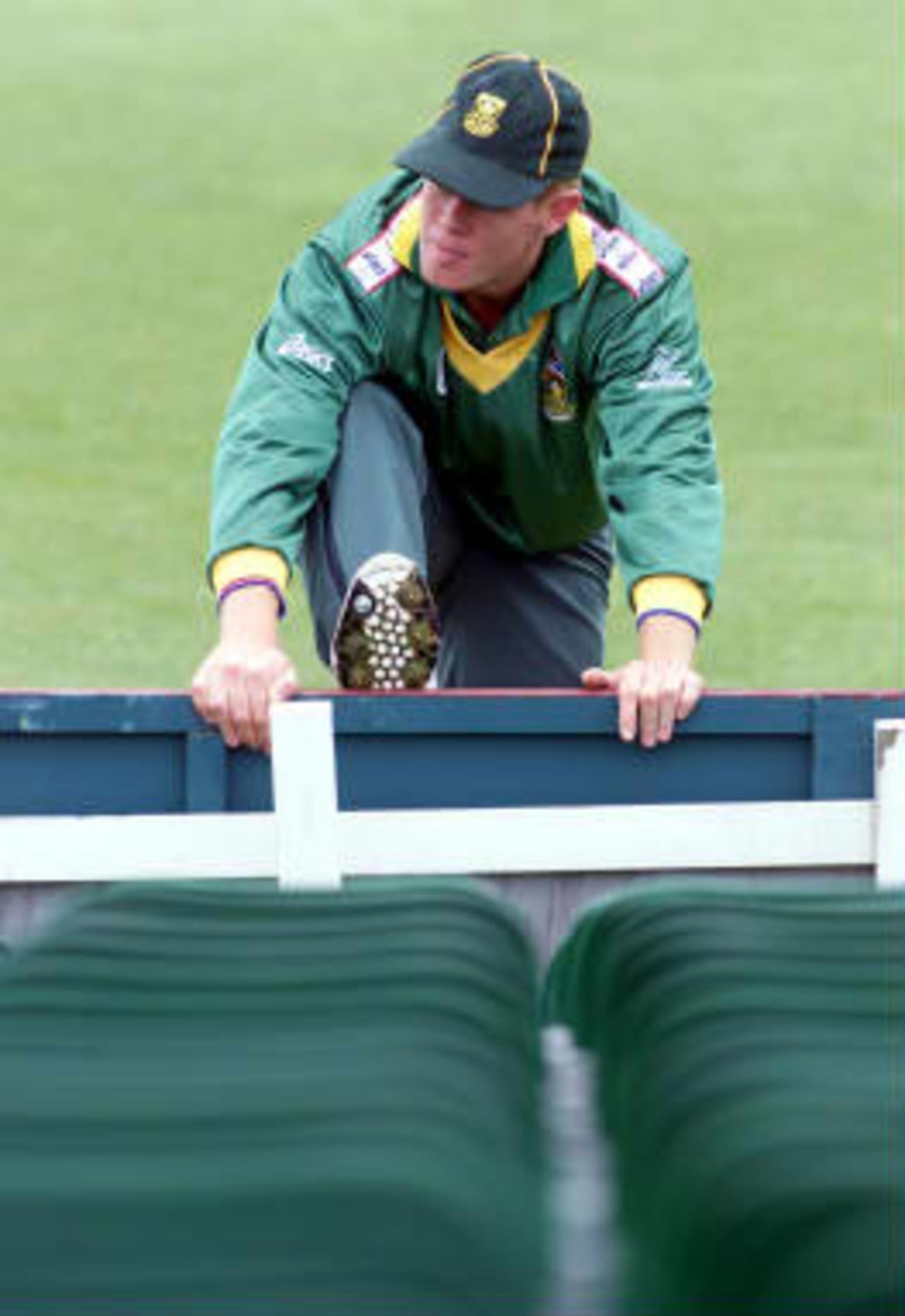 Shaun Pollock stretches during training at Hove 06 May 1999 in preparation for the World Cup