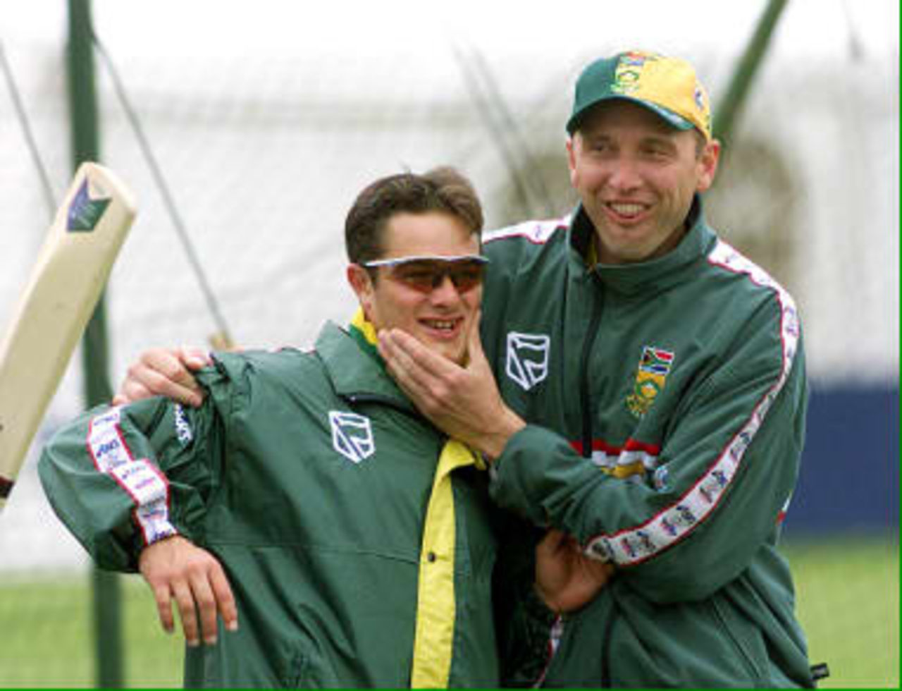 Mark Boucher and Allan Donald in light hearted mood during training at Hove  in preparation for the start of the World Cup on 14 May; 06 May 1999