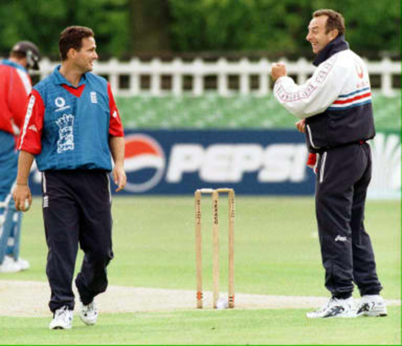 David Lloyd jokes with  Mark Ealham during a training session  at St Lawrence Ground,  Canterbury, Kent,  06 May1999