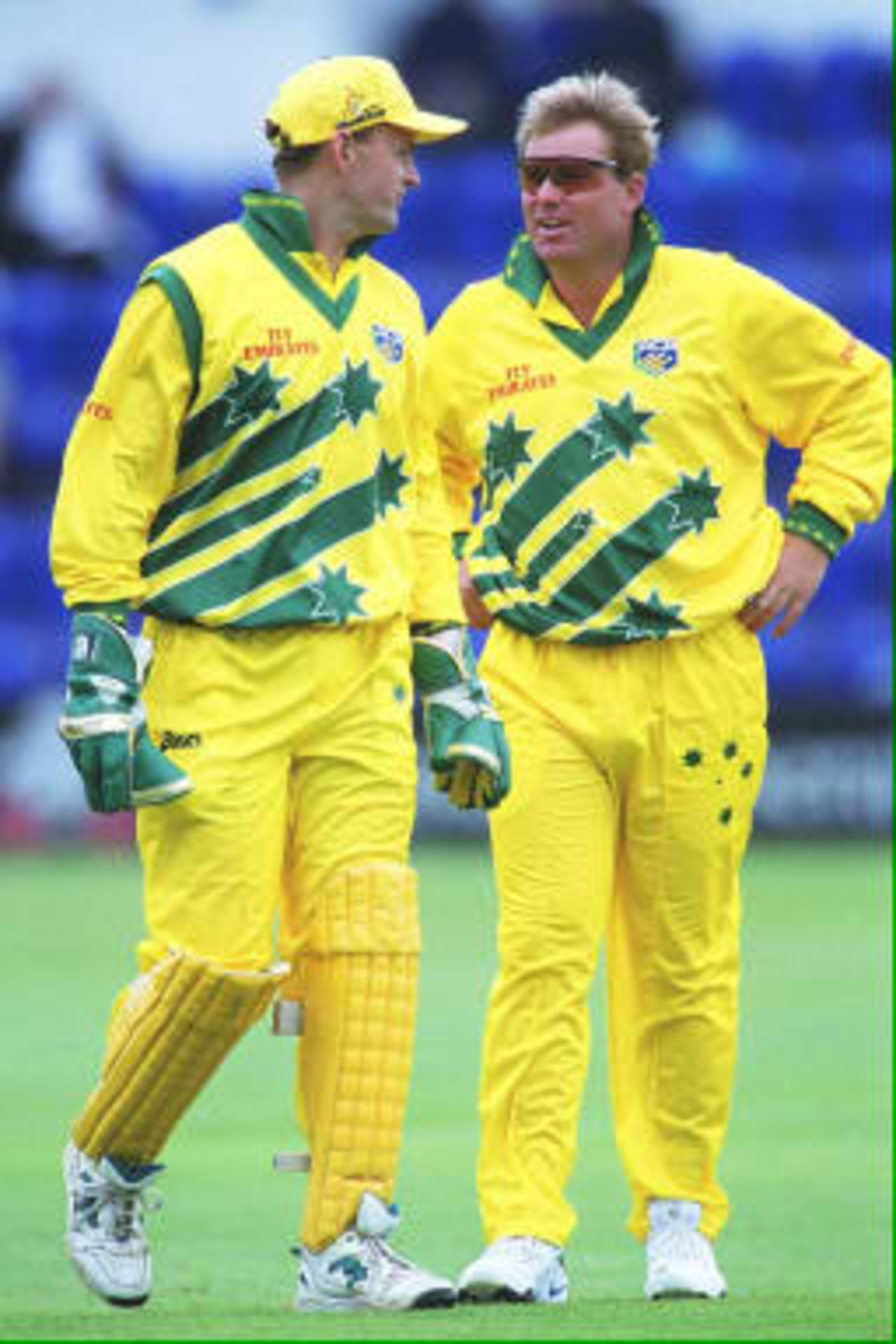 Shane Warne and Adam Gilchrist chat  - World Cup warm-up game, Australia v Glamorgan in Cardiff, 08 May 1999.