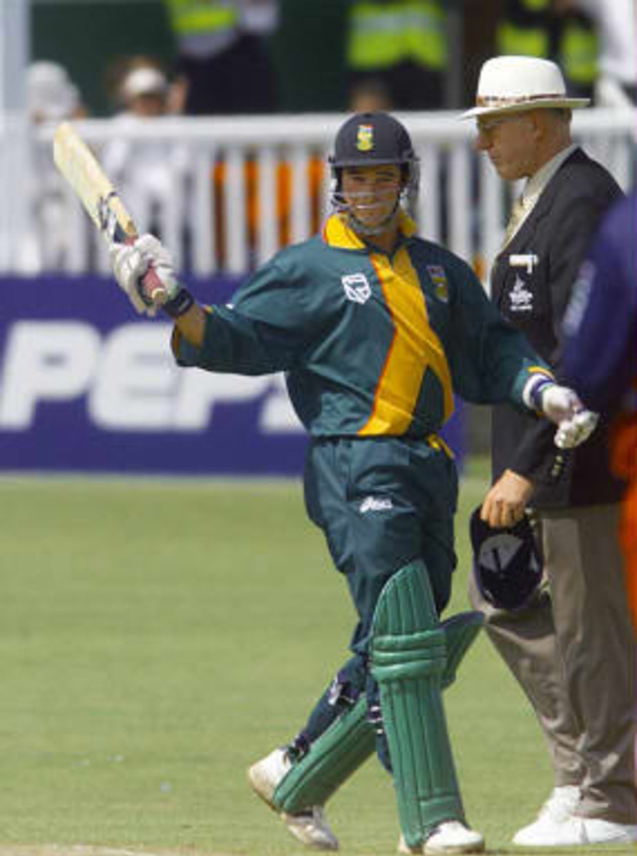 Mark Boucher acknowledges the crowd after completing his century - World Cup warm up match, South Africa v Kent at Canterbury 09 May 99.
