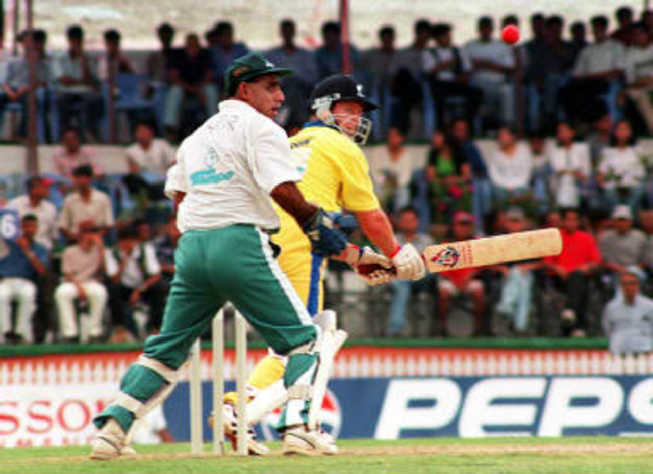 Action during the second day of Tempo World Legends Cup 1999 cricket in Kathmandu 07 May 1999. World XI won by 15 runs over Pakistan.