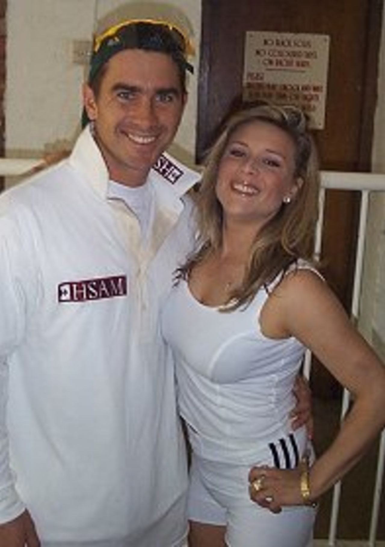 Justin Langer and Samantha Fox at Phil Tufnell's benefit match at Bunbury. 9 May 1999.