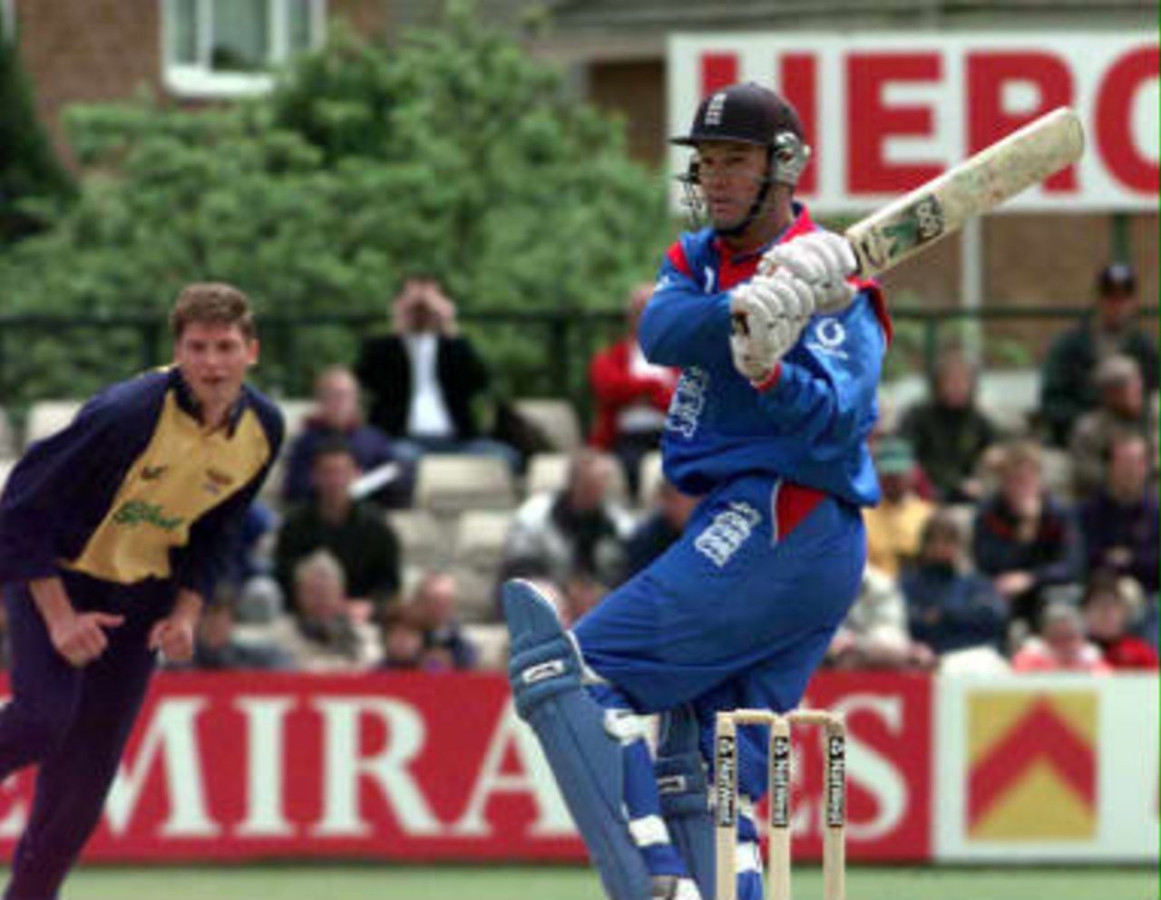 Hick hooks Hampshire's Simon Renshaw  - World Cup warm-up game between Hampshire  and England at Southampton 11 May 1999.