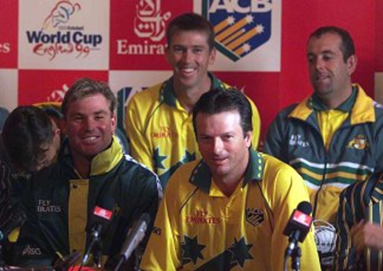 Australian captain Steve Waugh and his deputy Shane Warne share a laugh during a press conference at Cardiff Castle, in preparation for the Cricket World Cup which begins on May 14th 1999.