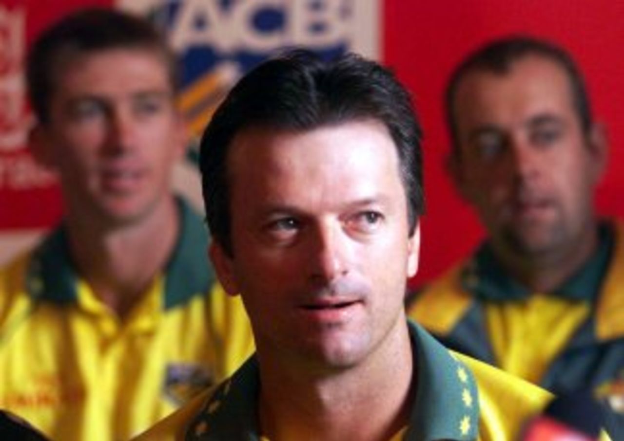 Australian captain Steve Waugh, flanked by Glenn McGrath and Darren Lehmann, answers questions at a press conference in preparation for World Cup 99 which begins on May 14 1999.