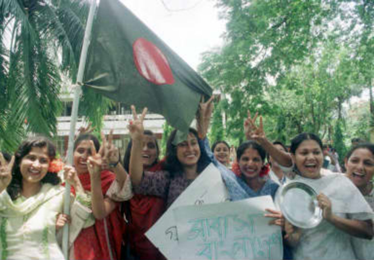 A group of jubilant students of Dhaka University parade the campus celebrating Bangladesh's victory over Scotland in the World Cup of cricket debut in Dublin.
