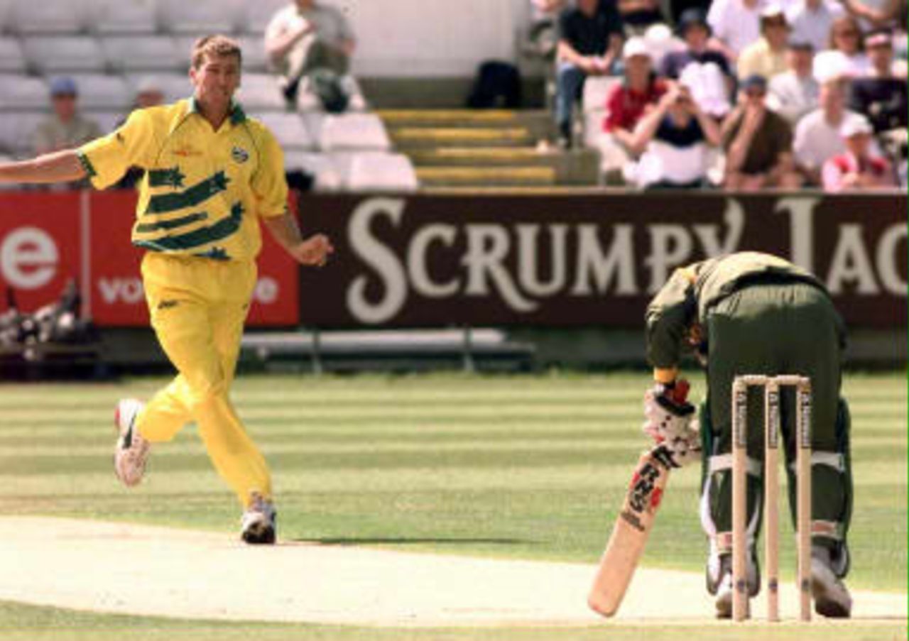 Australian bowler Glenn McGrath claims the wicket of Bangladesh's batsman Khaled Mahmud LBW, during their Cricket World Cup match at Chester-le-Street, Durham 27 May 1999