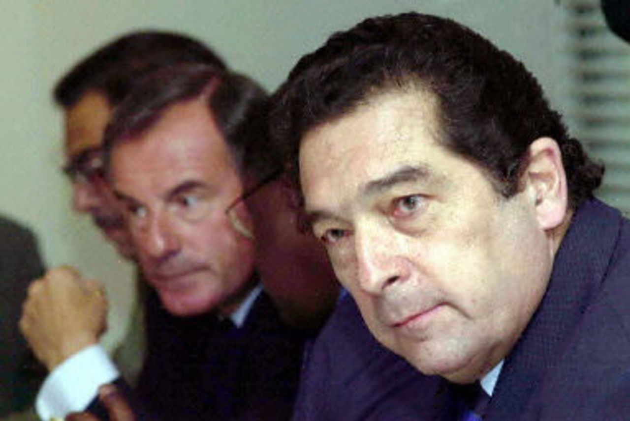 Dr Ali Bacher (r) Managing Director of the South African Cricket Board and Chairman of the Development Committee of the International Cricket Council takes his seat at the meeting of the Executive Board Of The International Cricket Council along with Lord MacLaurin (l), Chairman of the England and Wales Cricket Board 02 May 2000. They were meeting in the hope that decisive steps can be taken towards cleaning up the sport in the wake of recent allegations of match-fixing.