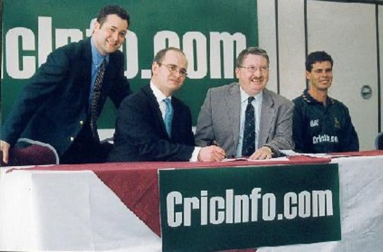 CricInfo Marketing Manager Andrew Hall signs on the dotted line at the announcement of the sponsorship deal with Nottinghamshire CCC. Notts Chief Executive David Collier (right) and Marketing Executive Matthew Eames and Captain Jason Gallian look on