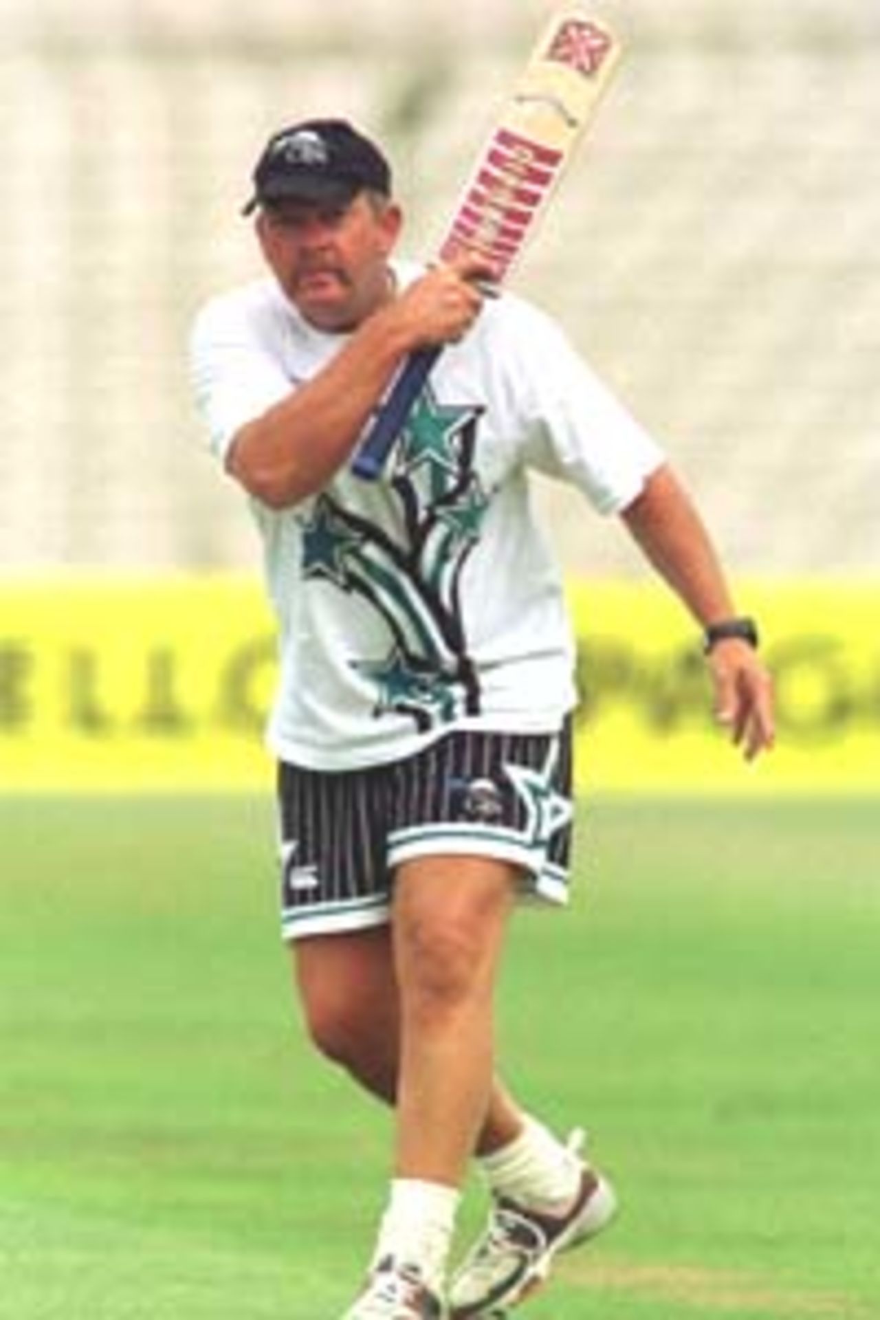 4 Aug 1999: Steve Rixon coach of New Zealand puts the team through their paces during nets before the third Cornhill Test between England and New Zealand at Old Trafford, Manchester.