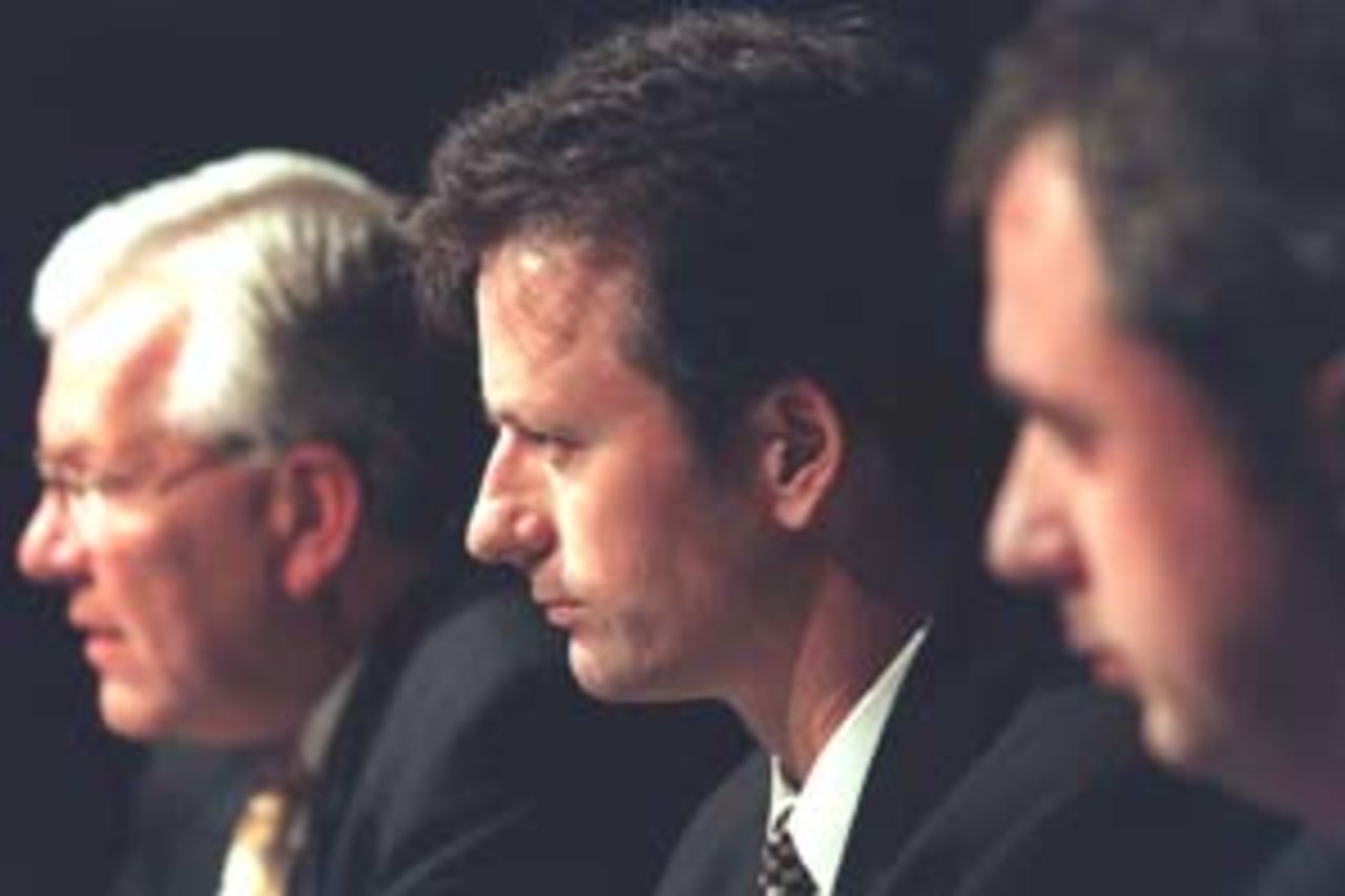 5 May 2000: Steve Waugh (centre) captain of the Australian Cricket team with Malcolm Speed (left) Chief Executive of the Australian Cricket Board and Tim May (right) President of the Cricketer's Players Association, at a press conference about corruption in cricket, held at the Hilton Hotel, Melbourne, Australia.