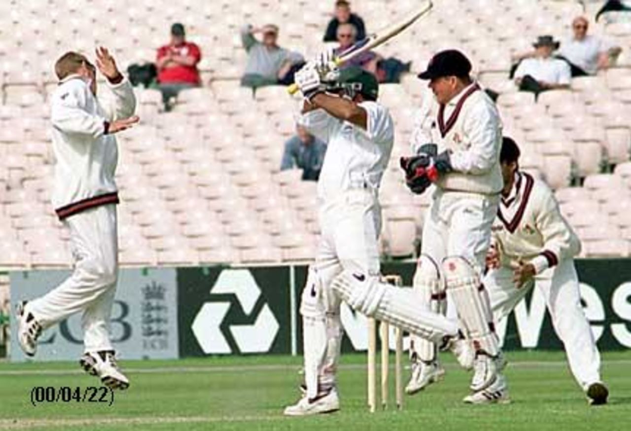 Aftab Habib plays a cut shot, Old Trafford, May 2000