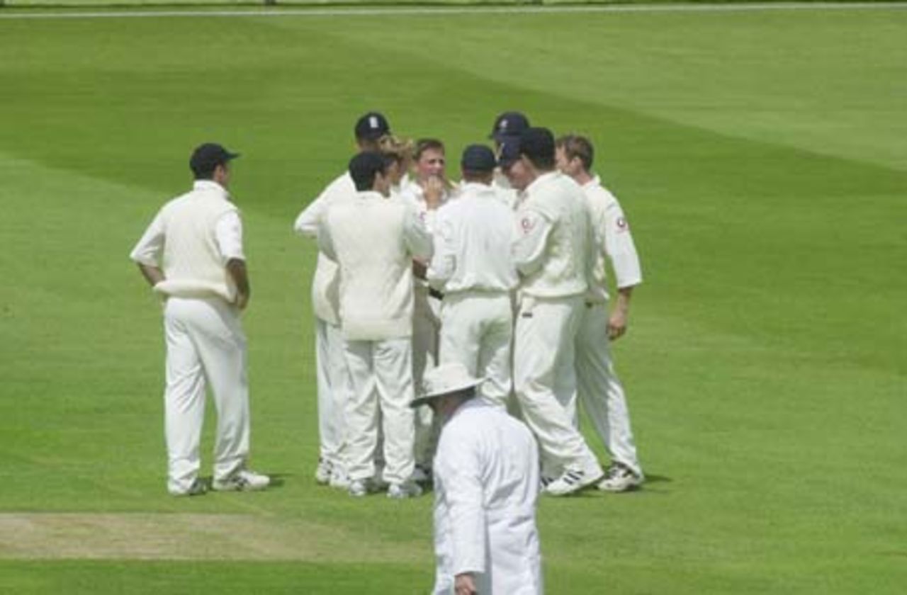 Darren Gough celebrates the wicket of Goodwin, caught by Knight