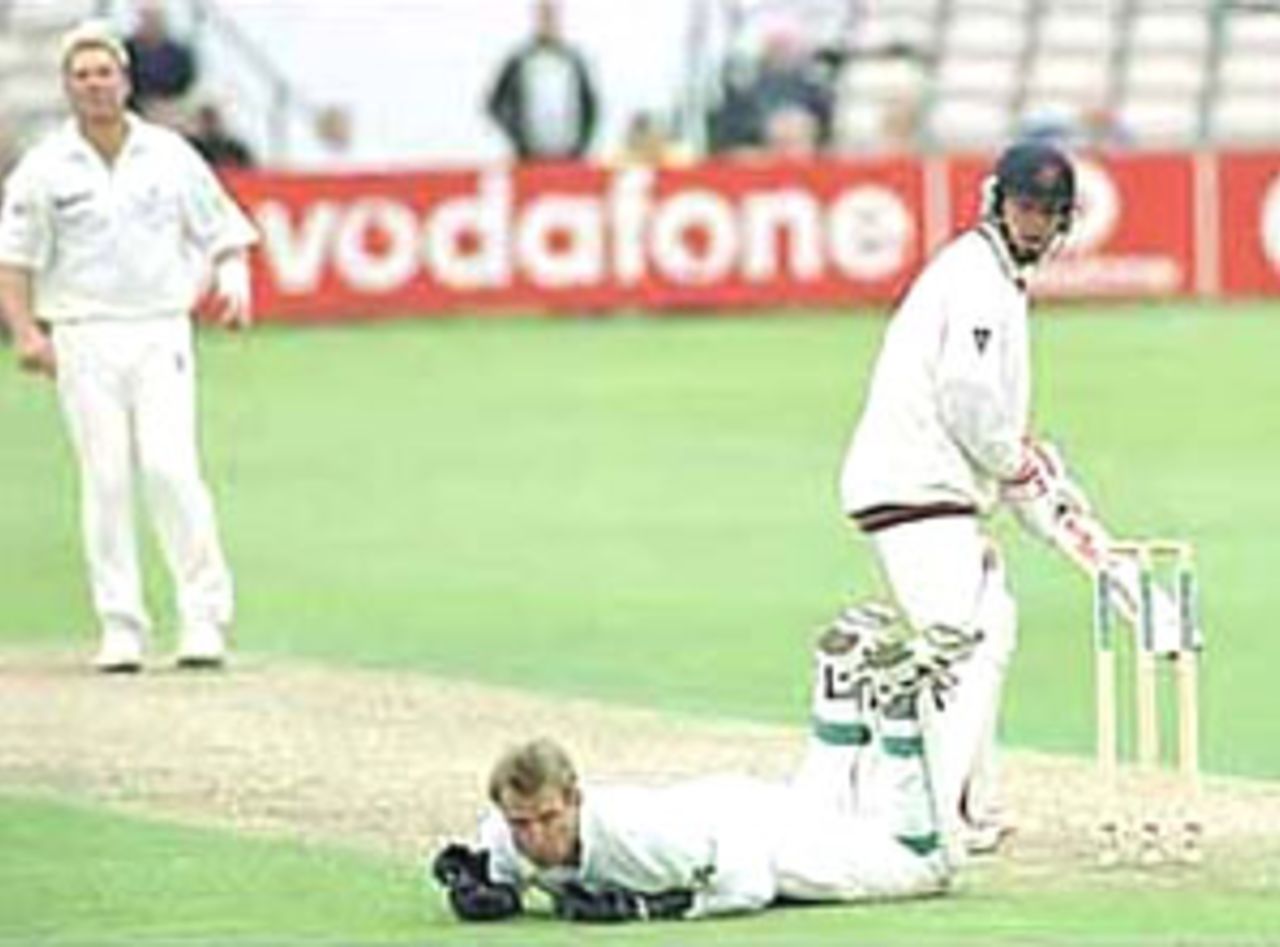 Graham Lloyd gets a life as Keeper Aymes spills a catch of Warne PPP healthcare County Championship Division One, 2000, Hampshire v Lancashire County Ground, Southampton, 23-26 May 2000 (Day 2).