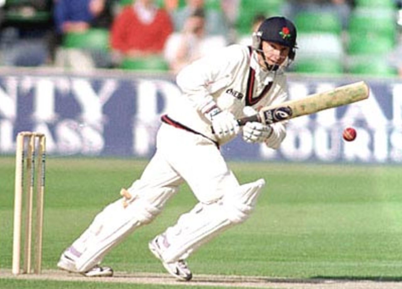 Neil Fairbrother strokes the ball to mid-wicket during a dogged innings of 41, PPP healthcare County Championship Division One, 2000, Durham v Lancashire, Riverside Ground, Chester-le-Street, 11-13 May 2000.
