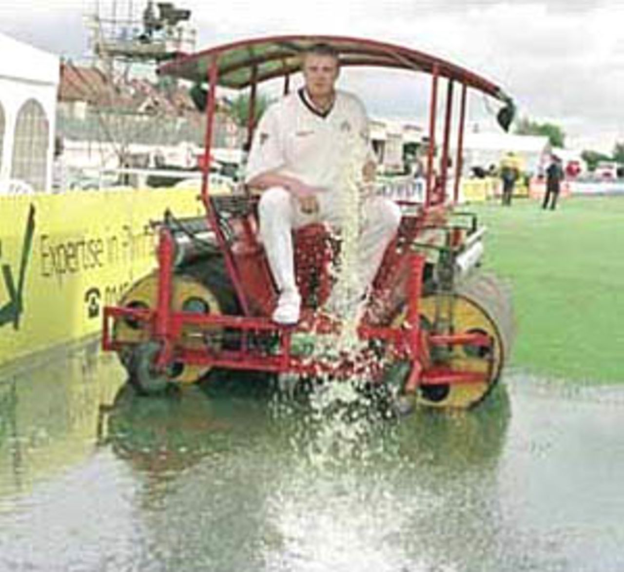 Andrew Flintoff has a go on the Water Whale, Benson & Hedges Cup, 2000, 2nd Semi Final, Gloucestershire v Lancashire, The Royal & Sun Alliance County Ground, Bristol, 28-29 May 2000.
