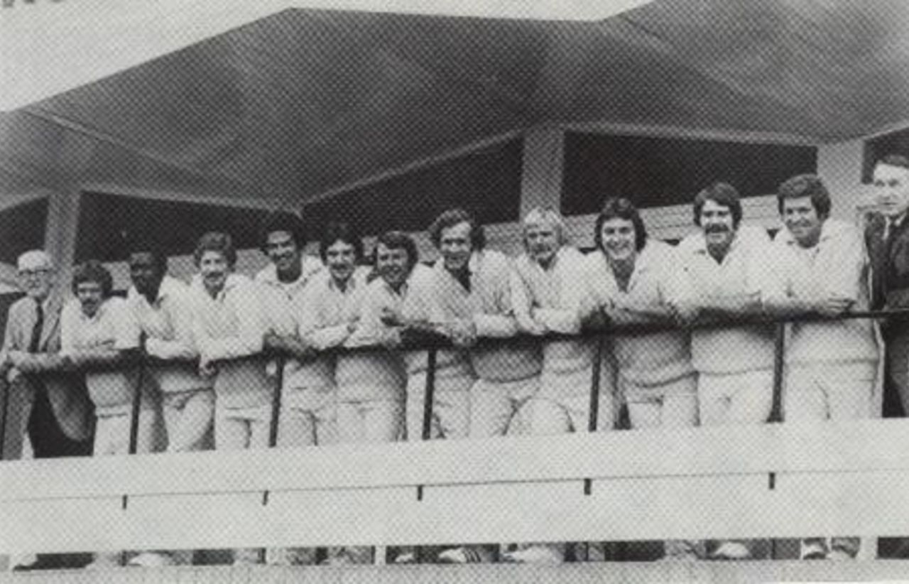 The 1977 Gillette Cup final squad on the balcony of the Cardiff pavilion before travelling up to London