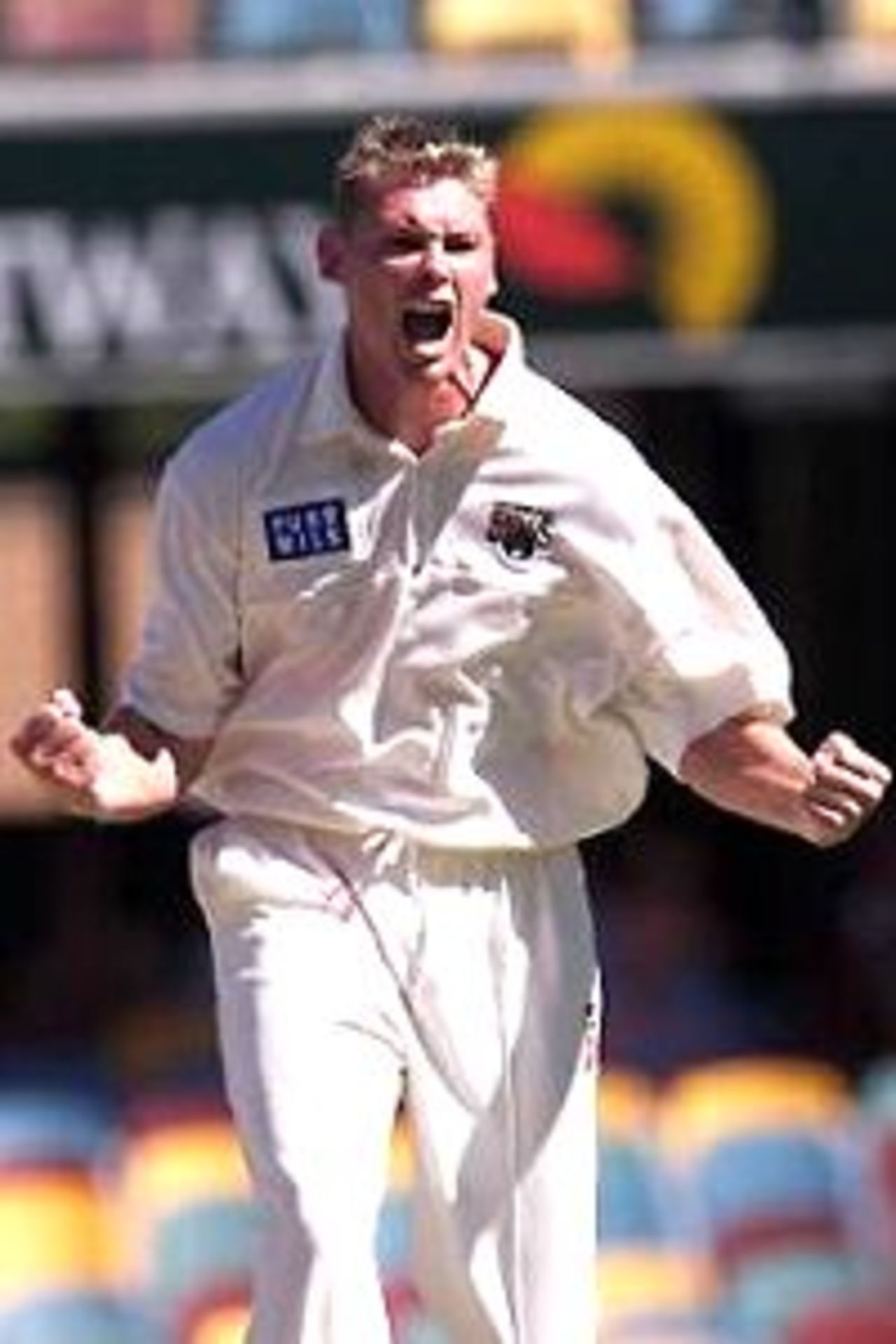 Ashley Noffke of the Bulls is delighted after taking the wicket of Jonathon Moss of the Bushrangers for ten runs during the Pura Cup Final between the Victorian Bushrangers and the Queensland Bulls played at the Gabba, Brisbane, Australia