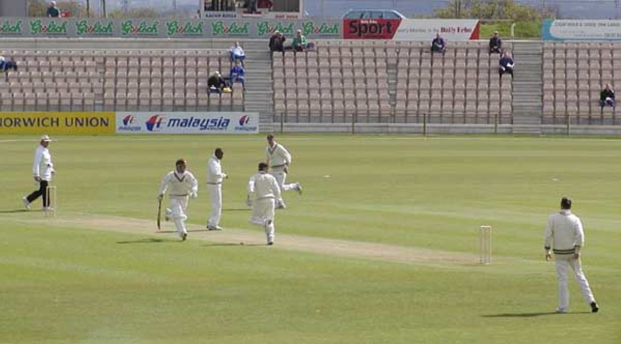 Mark Butcher runs a leg bye off Dimitri Mascarenhas to open the scoring at the Hampshire Rose Bowl.