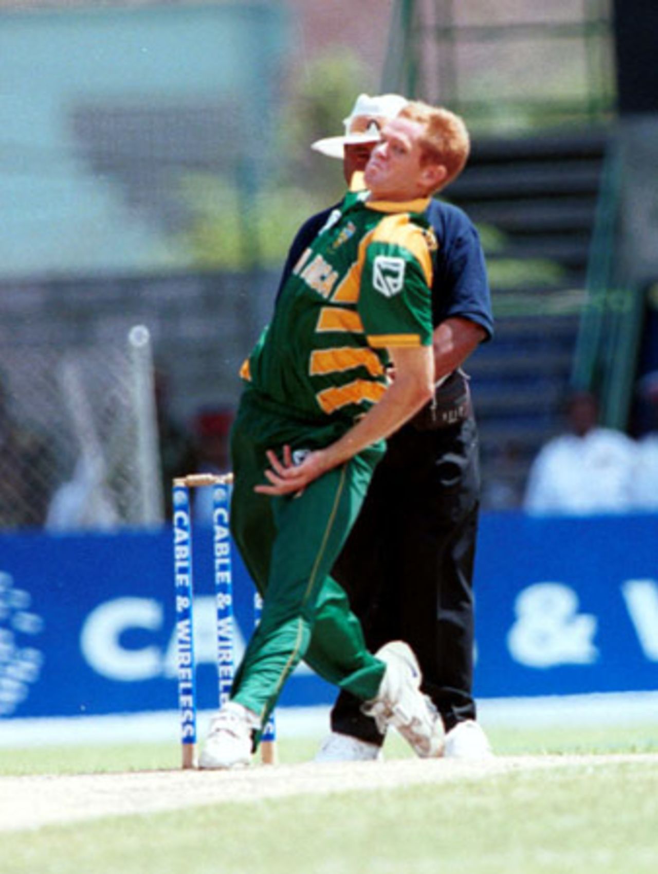 Skipper Shaun Pollock in action, West Indies v South Africa, 4th ODI at Queen's Park (New) St George's, Grenada , 6th May 2001
