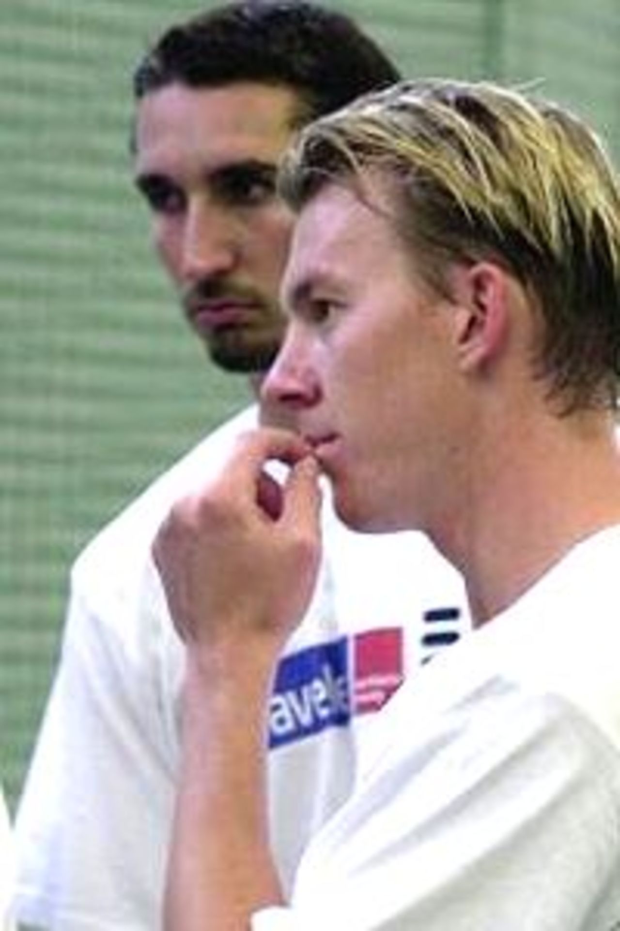 Australia's Jason Gillespie (back) and Brett Lee (right) listen to the results of their fitness test session prior to the Ashes Tour held at the Sydney Cricket Ground, Sydney, Australia.