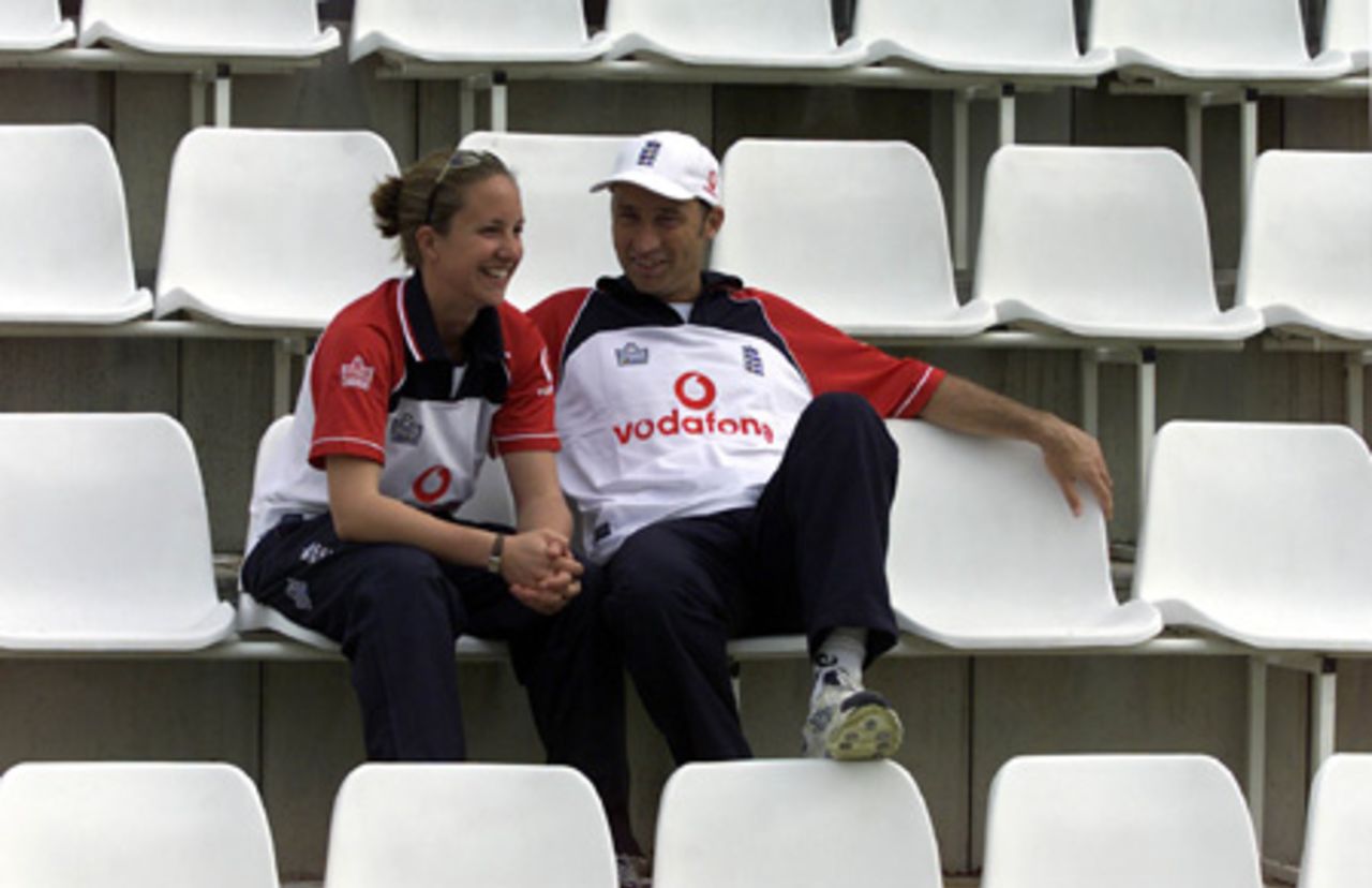 England captain Nasser Hussain talks to women's team counterpart Clare Connor ahead of the first Test Match against Pakistan at the Lord's Cricket Ground in London, 16 May 2001.