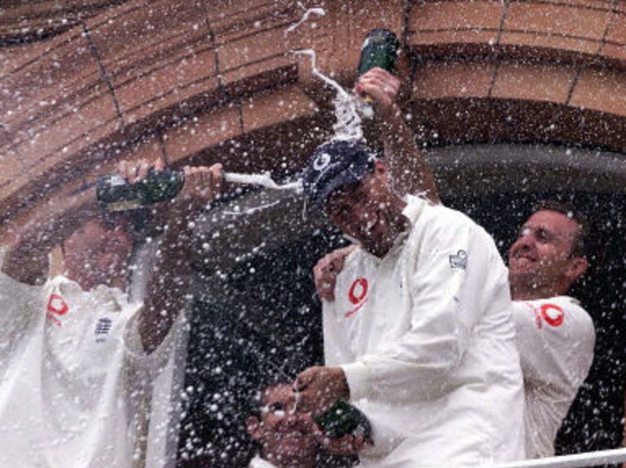 Some of the England team celebrating the win, day 4, 1st Test at Lord's, 17-21 May 2001.