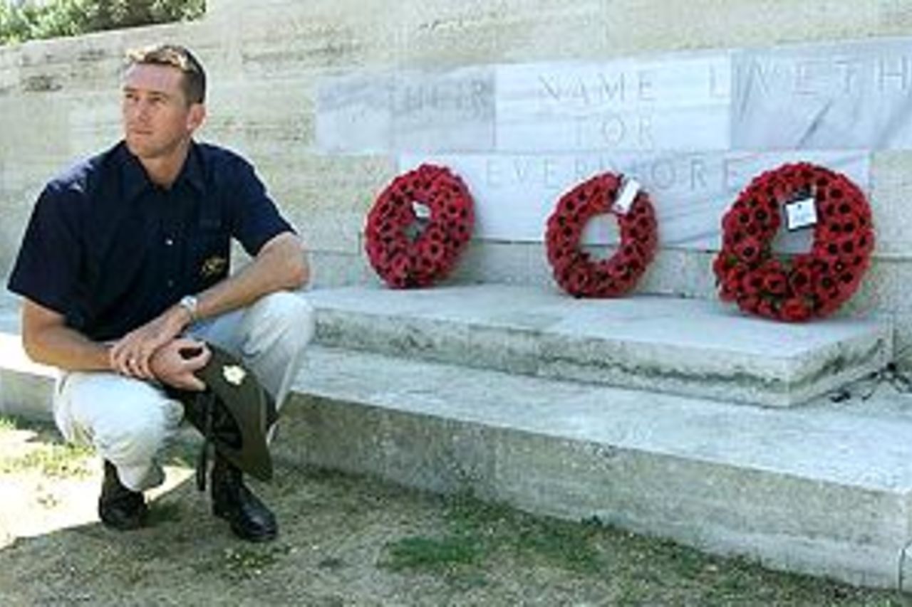 Glenn McGrath of Australia looks on after laying a wreath at a memorial at Anzac Cove, during the Australian team's visit to Gallipoli, on their way to England for the upcoming cricket tour, Gallipoli, Turkey.