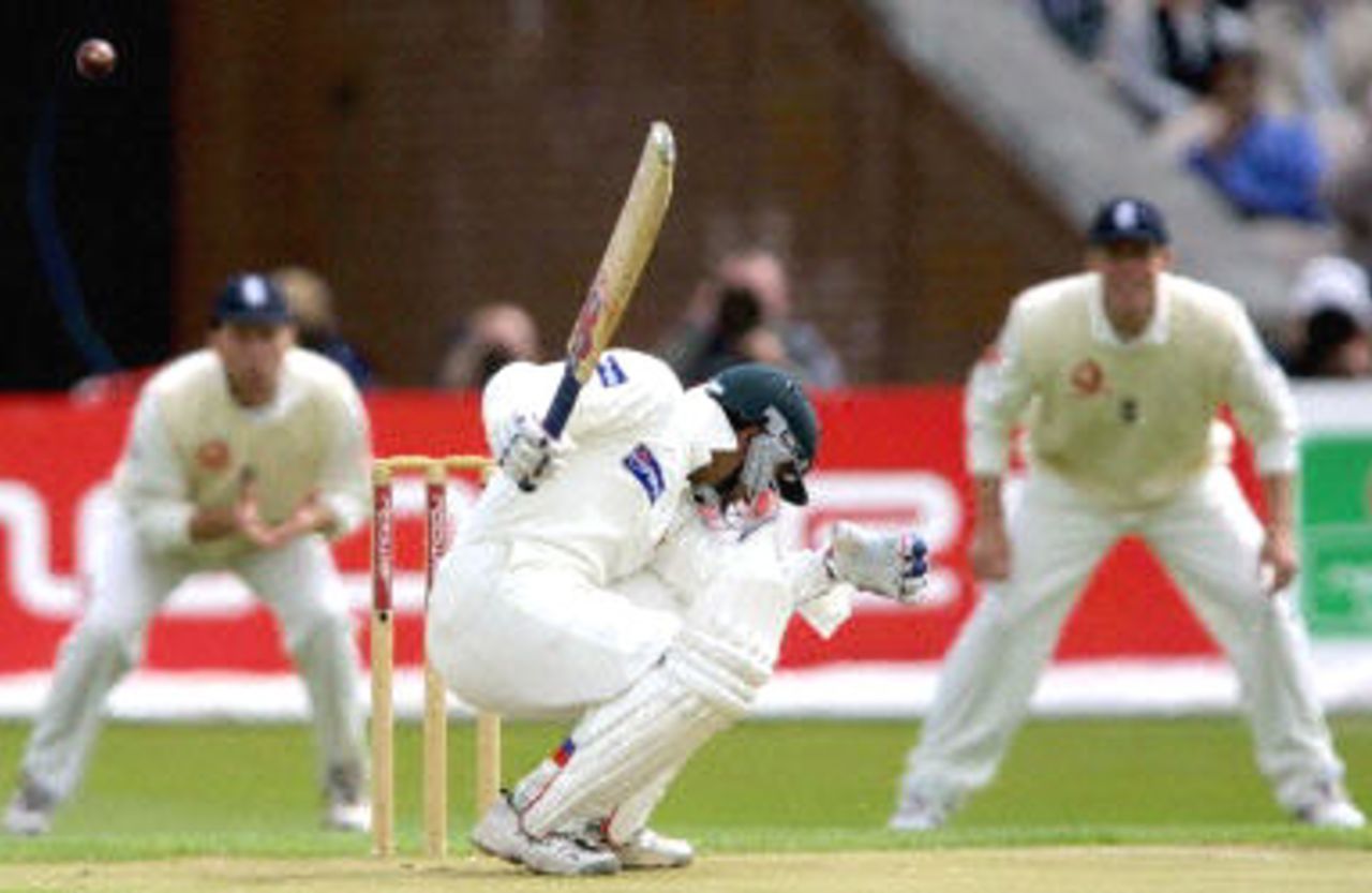 Saeed Anwar ducks a ball, day 1, 2nd Test at Old Trafford, 31 May - 4 June 2001.