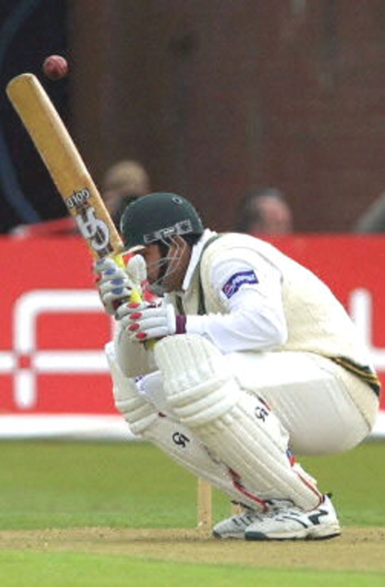 Inzamam-ul-Haq ducks out of the way of a delivery, day 1, 2nd Test at Old Trafford, 31 May - 4 June 2001.