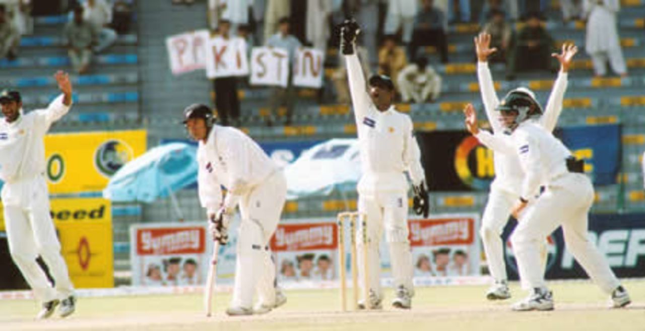 Craig McMillan out lbw off Kaneria, as Pakistani fielders appeal - New Zealand second innings, day 3, 1st Test, New Zealand v Pakistan, Gaddafi Stadium Lahore, 3 May 2002
