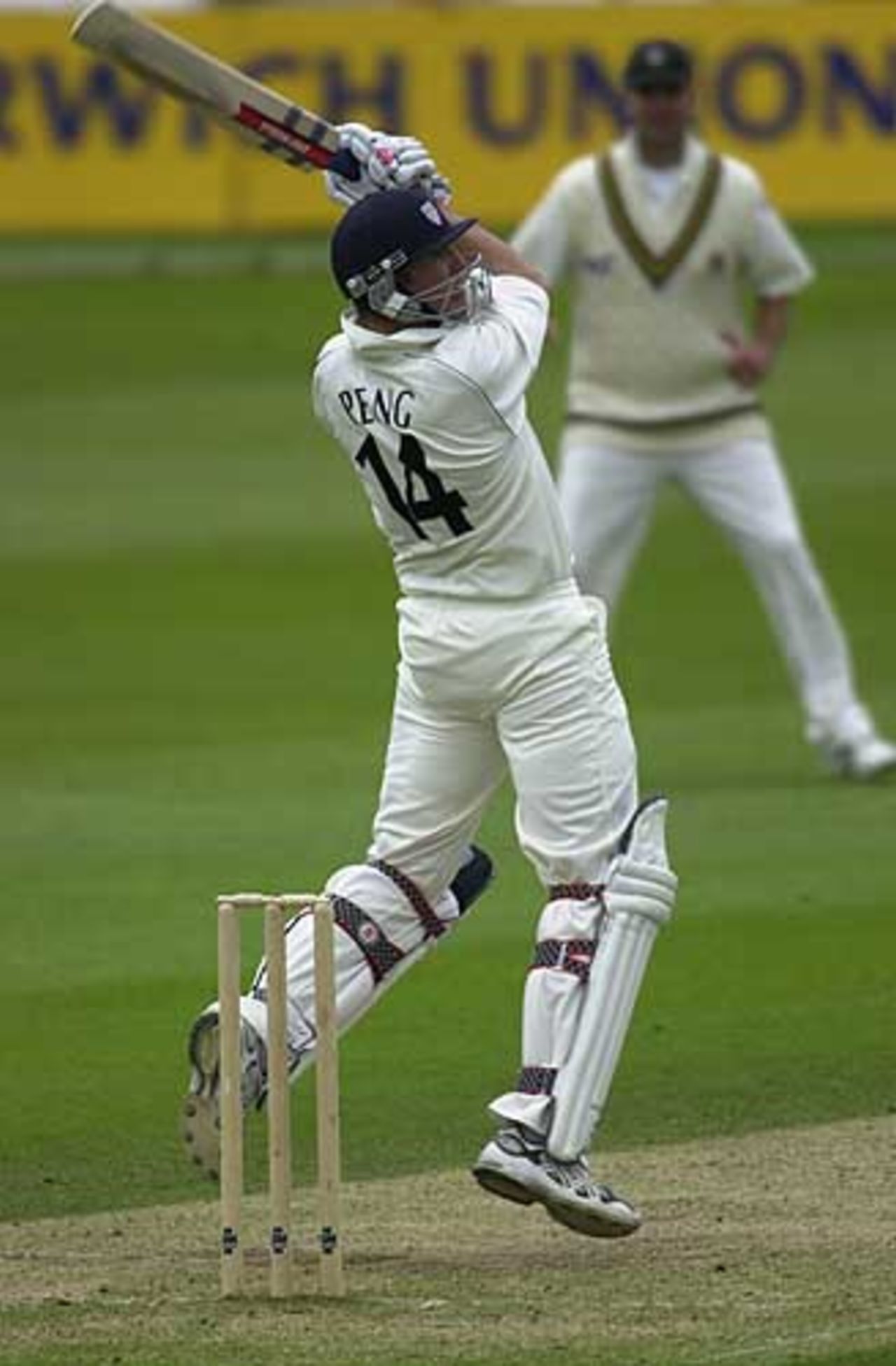 Nicky Peng airborne during his innings of 72