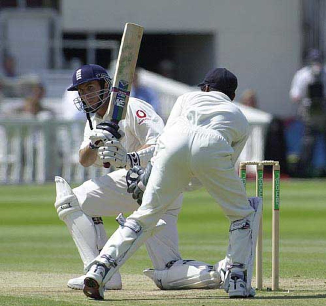 Michael Vaughan with a sweep to leg off the bowling of Jayasuriya, England v Sri Lanka, First Test, Lord's 2002